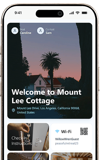 Phone with a browser showing hello guestbook, a feature image of a house, a check in page and a wifi page