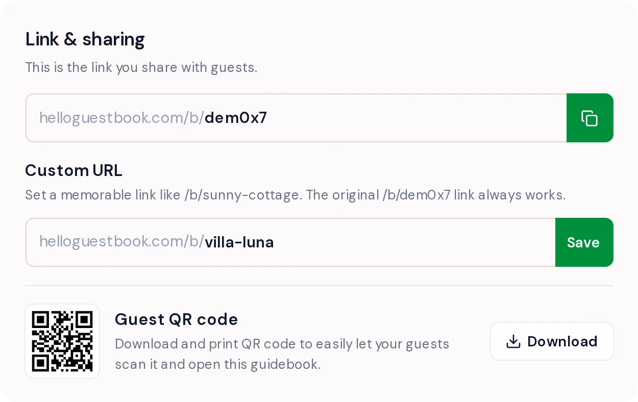 The Link and sharing card in guidebook Settings, with the guest link helloguestbook.com/b/dem0x7, a Custom URL field holding villa-luna next to a Save button, and the guest QR code with a Download button