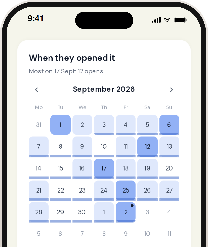 HelloGuestbook analytics on a phone, showing a month calendar shaded by how many times guests opened the guidebook each day