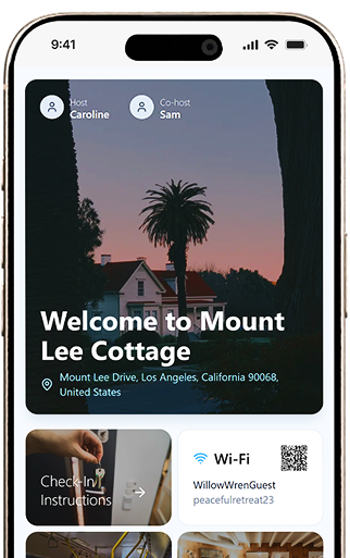 Phone with a browser showing hello guestbook, a feature image of a house, a check in page and a wifi page