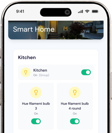 Smart home control interface showing organized room controls