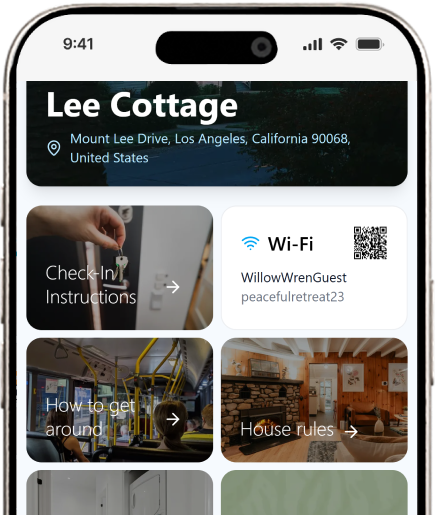 HelloGuestbook wifi page showing a QR code and a text field with wifi password and wifi name
