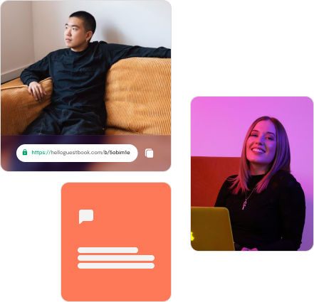 Three boxed images. One of a relaxed person in a comfortable chair, one of a girl smiling at a laptop, and one illustration of a message being sent.